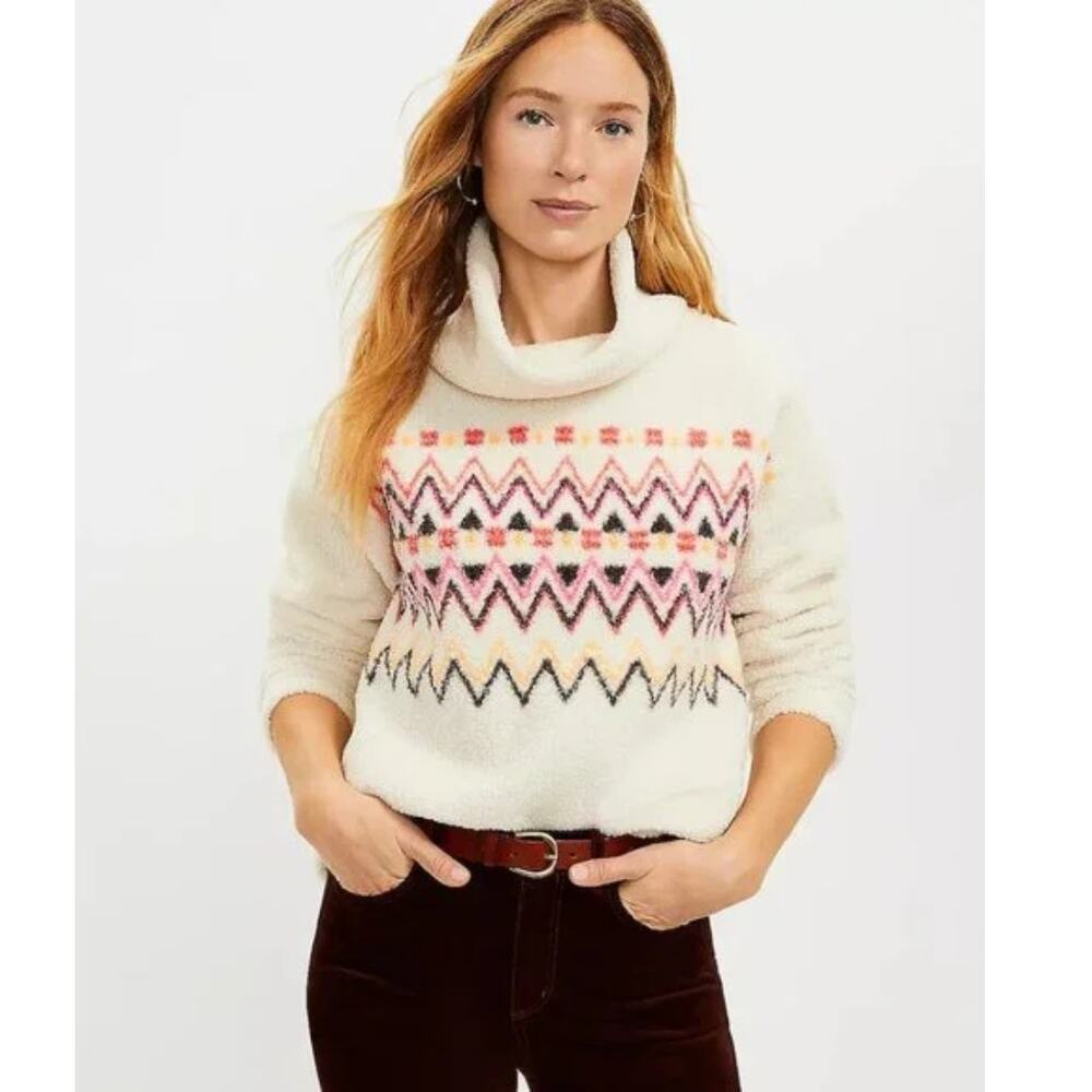 LOFT Womens Sherpa Fleece Sweater Top Cowl Mock Neck Pullover Sweater Top Size L